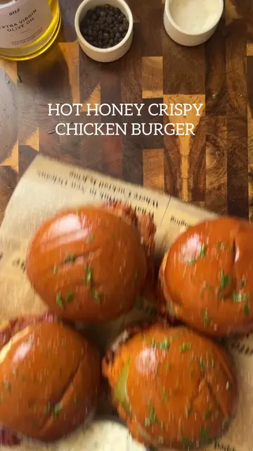 Hot honey crispy chicken burger  Ingredients: Chicken Marinade: Chicken breast 3