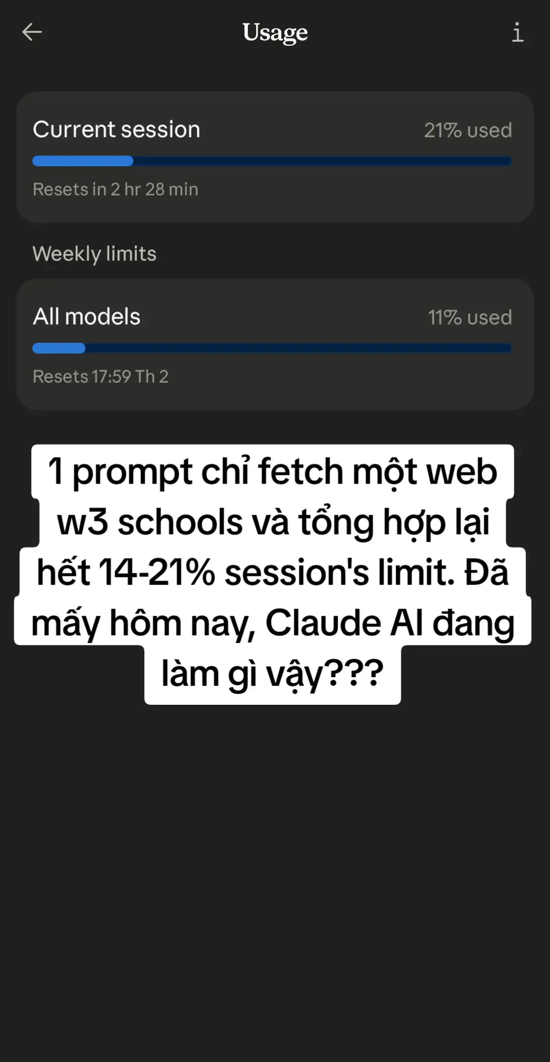 1 prompt chỉ fetch một web w3 schools và tổng hợp lại hết 14-21% session's limit