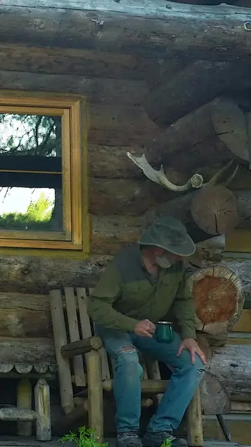 Morning at the cabin. Spruce tea on the porch. Wood to split. Fire in the stove.