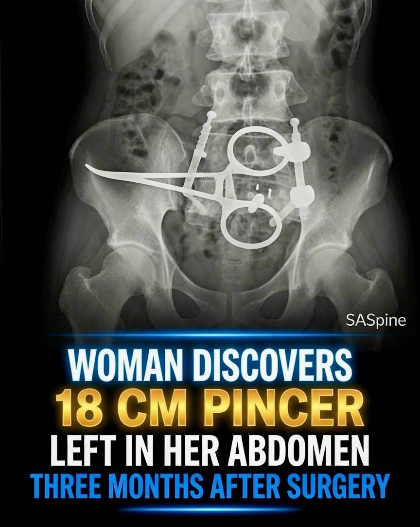 An 18 cm surgical clamp was left inside a patient’s abdomen for three months aft