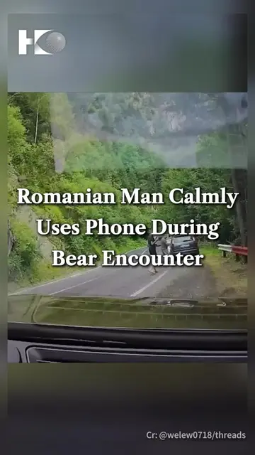 Recently, a Romanian man encountered a bear on a road, looking down at his mobil