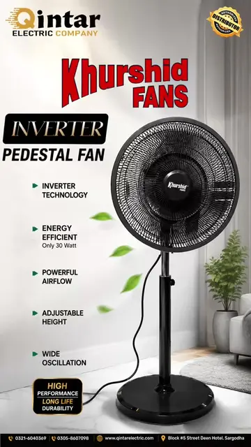 Beat the Heat with the Khurshid Inverter Pedestal Fan! Now available at Qintar E