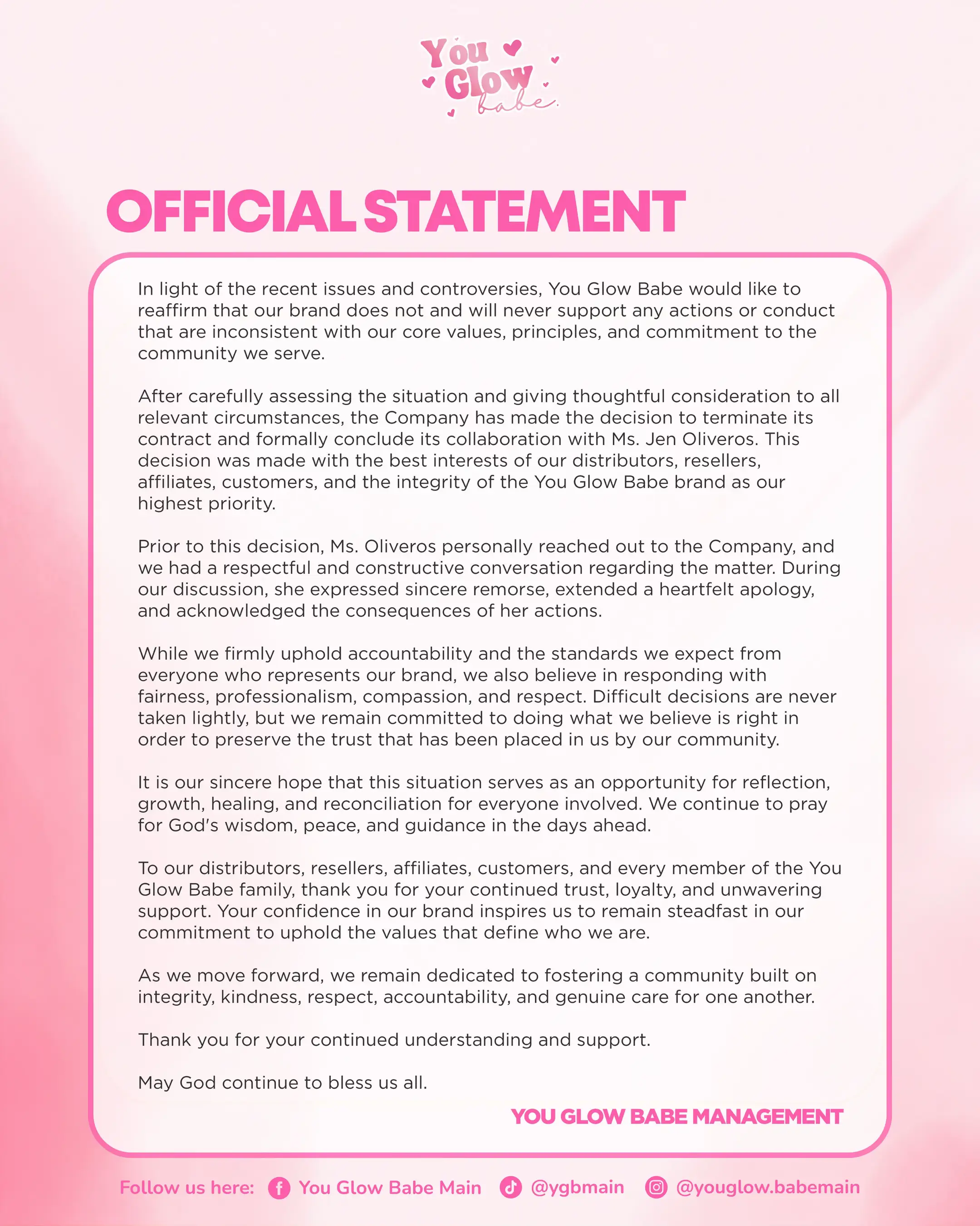 We sincerely wish everyone involved healing, peace, and God’s guidance in the da