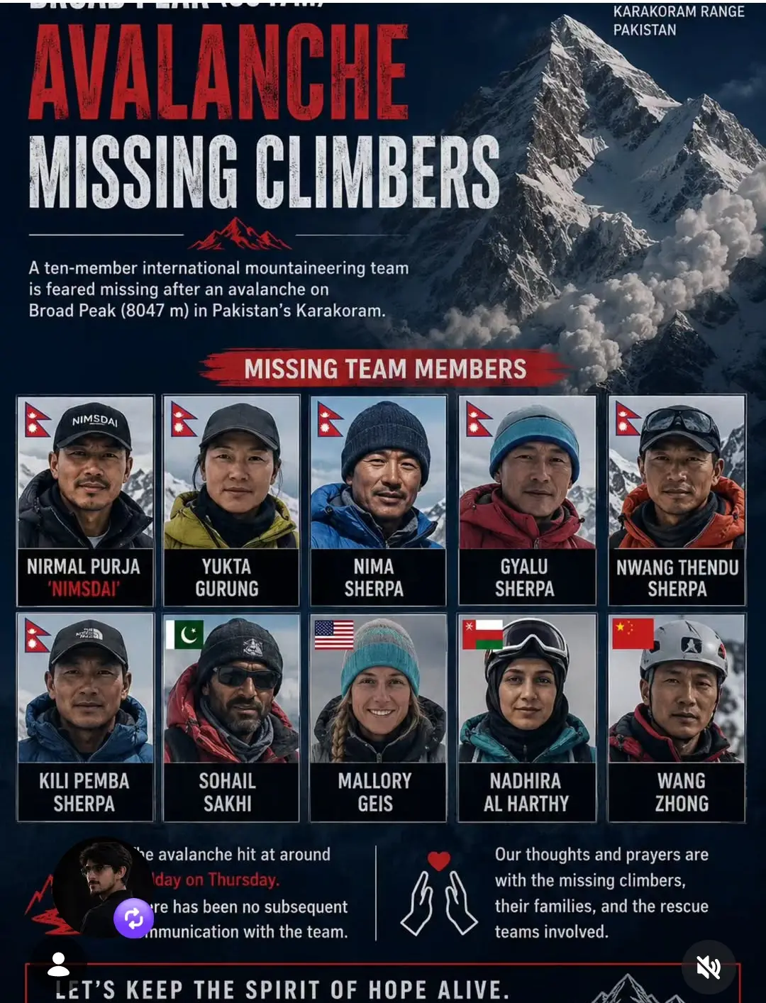 ⚠️ Broad Peak Avalanche Update (8,047m) The following climbers have been reporte