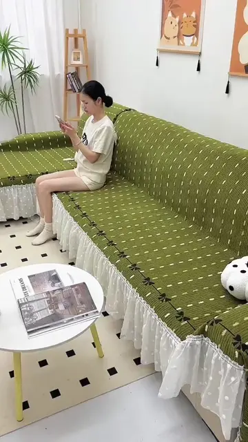 Green Dot Bow Skirt Sofa Cover, Stretch Universal Anti-slip Couch Slipover #Sofa