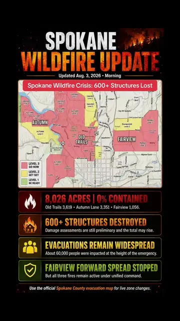 Three major fires have burned about 8,000 acres around Spokane, with widespread 