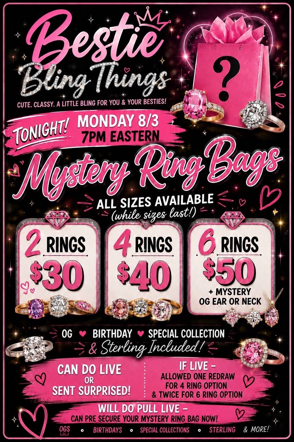 Live tonight- Pre secure your bag now! All sizes & types of rings! #destash