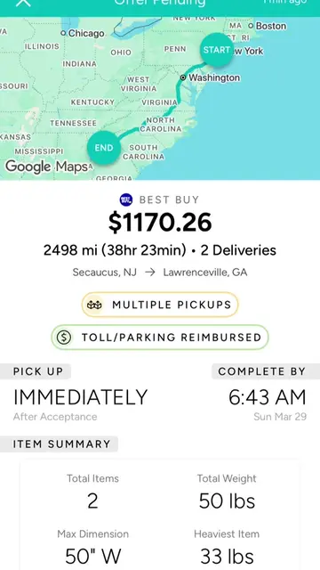 $1170 for a 13-15hr drive, delivering 2 items (most likely tv’s). Would you do i