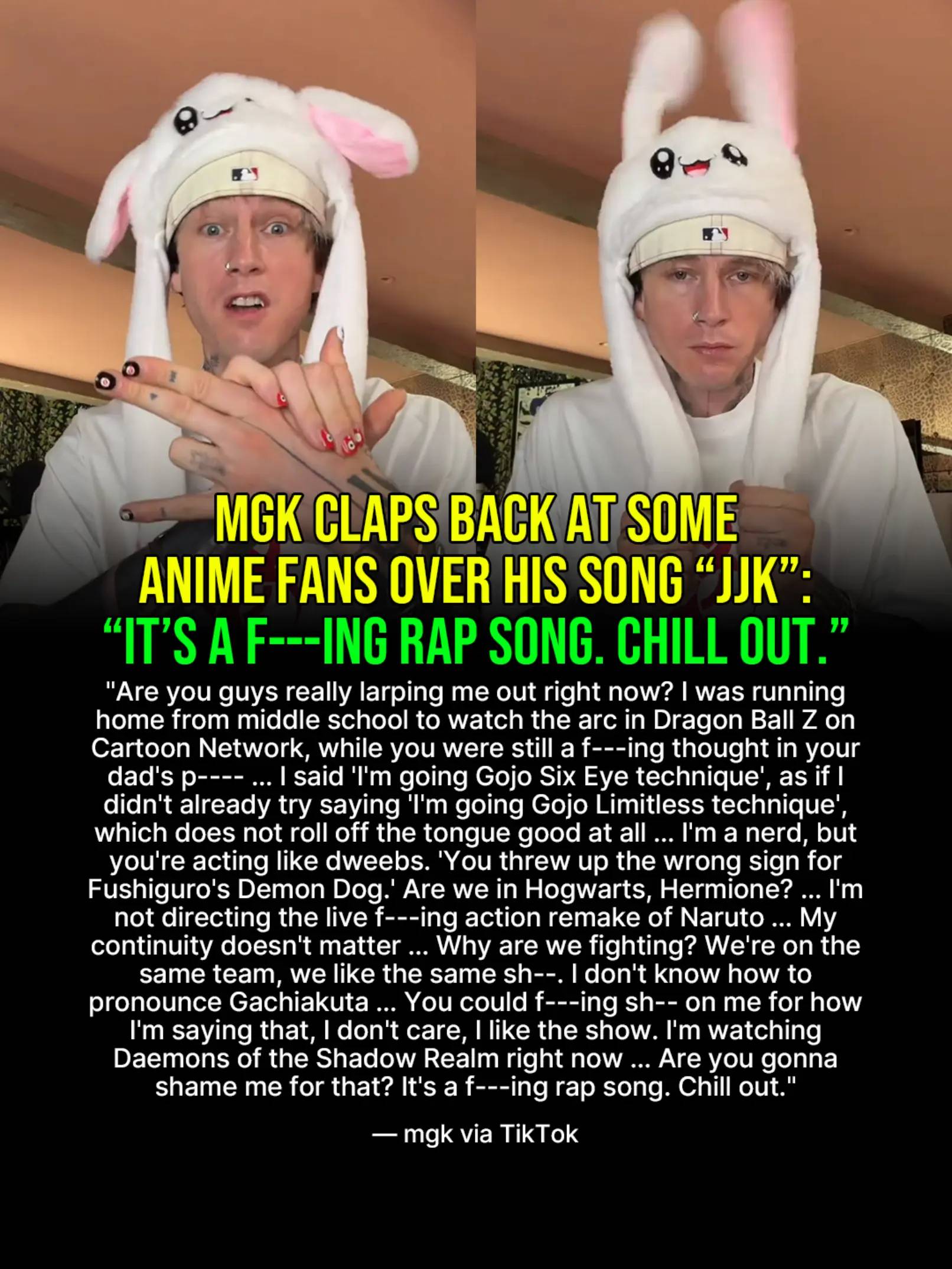 mgk claps back at some anime fans’ complaints over his new song “JJK.” mgk: “It'