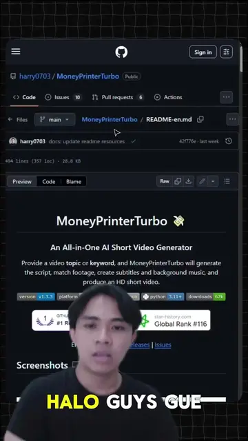 MoneyPrinterTurbo 🤖✨  Project open source AI dengan 101K+ stars di GitHub yang 