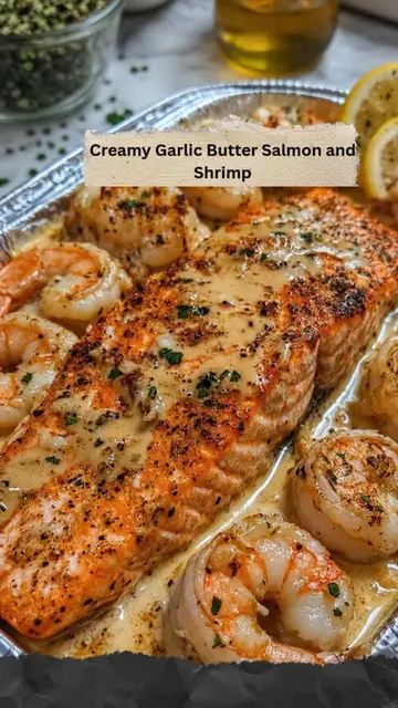 Creamy Garlic Butter Shrimp & Seared Salmon 🦐🐟 This restaurant-worthy skillet 