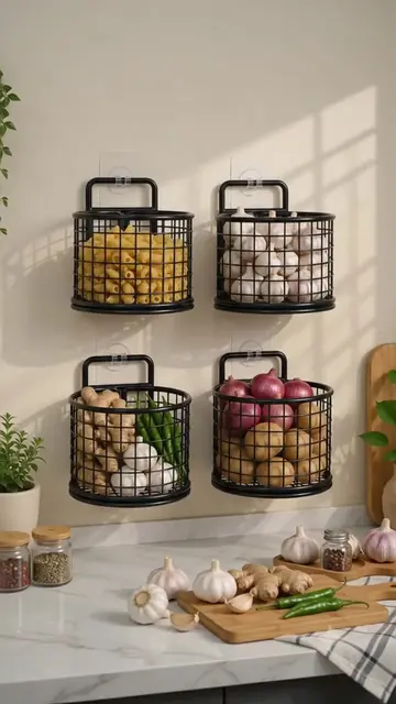 Kitchen choti hai lekin storage ab DOUBLE! 😍✨ In stylish wall-mounted baskets m