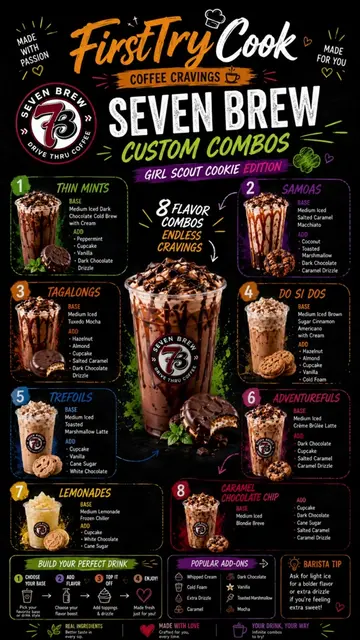 ☕ 8 Seven Brew Girl Scout Cookie Combos 1️⃣ Thin Mints * Base: Medium Iced Dark 