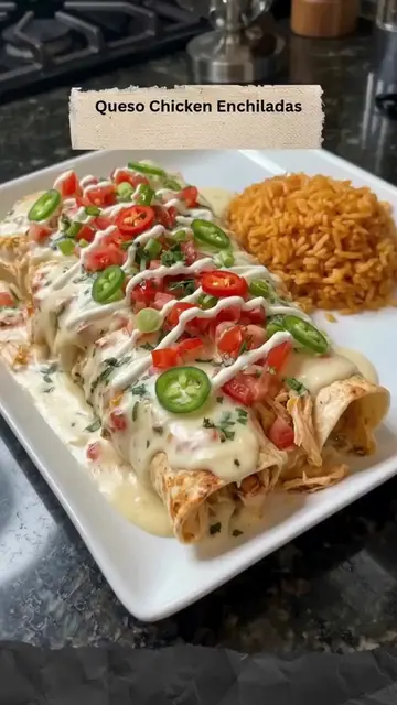 Queso Chicken Enchiladas 😍 Full recipe is on my page — right under my profile p
