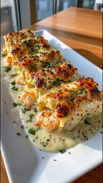 Decadent, seafood-stuffed lasagna roll-ups packed with tender shrimp, creamy ric