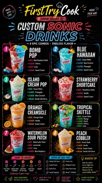 🥤 8 Custom Sonic Drinks 1️⃣ Bomb Pop * Base: Blue Raspberry Slush 💙 * Flavor: 