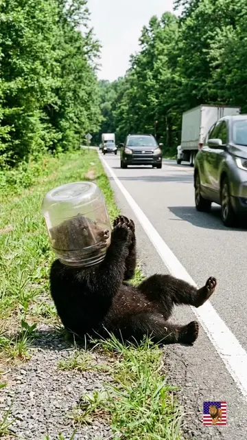 A man rescues a poor bear from a jar on its head that had gotten lost on the roa