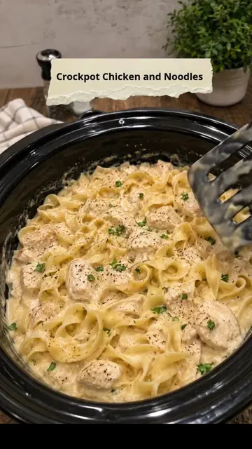 Creamy Crockpot Chicken and Noodles 🍗🍜 Tender shredded chicken and wide egg no