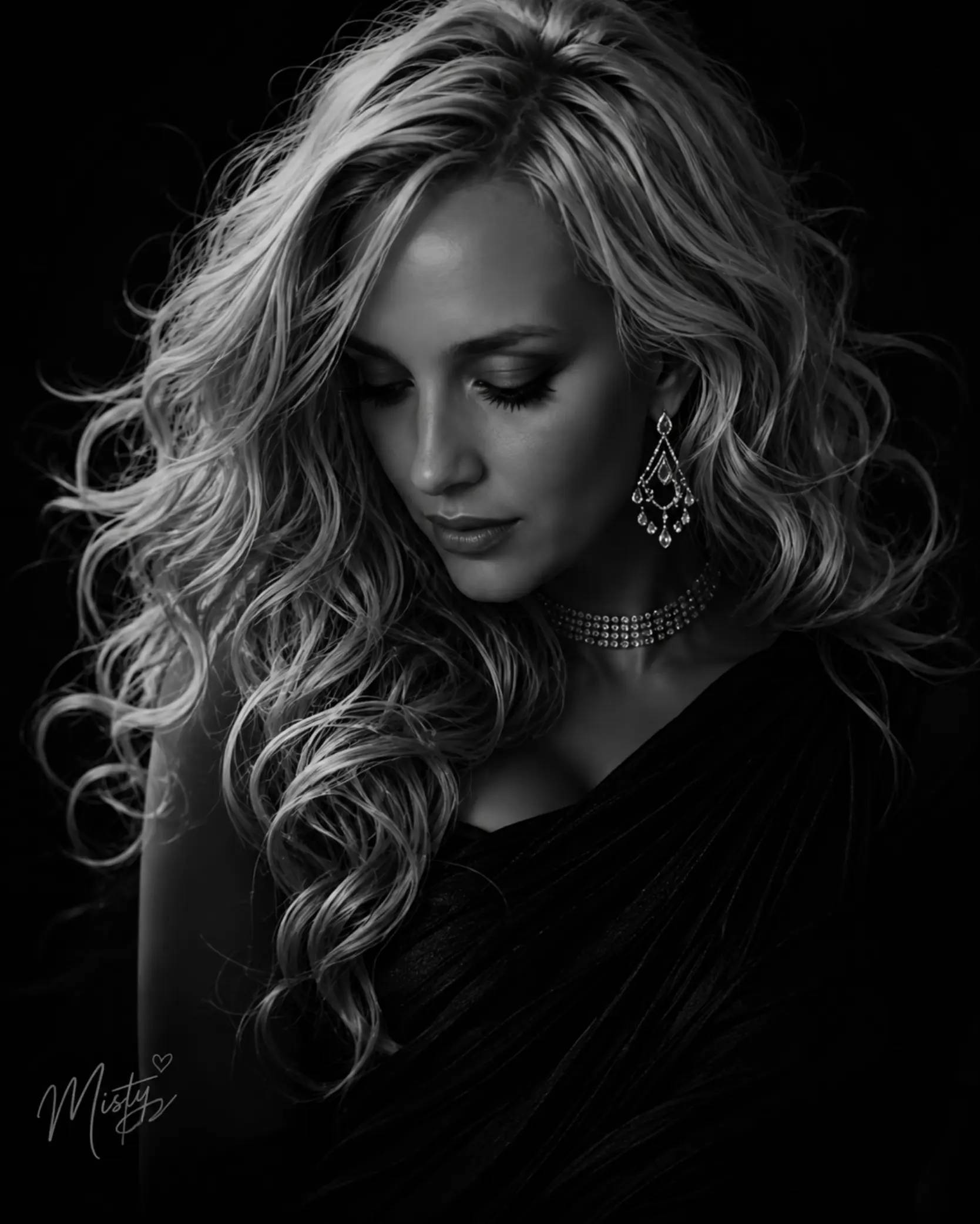 COPY & PASTE PROMPT: Create a dramatic, elegant black-and-white fine-art portrai