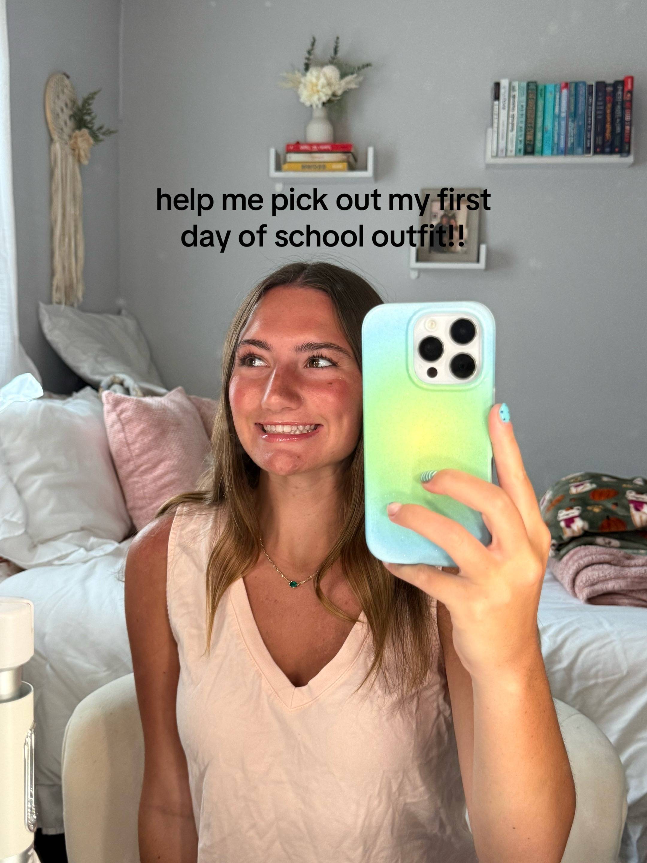 help me pick out my FIRST day outfit!! #outfitinspo #fyp #grwmforschool #backtos