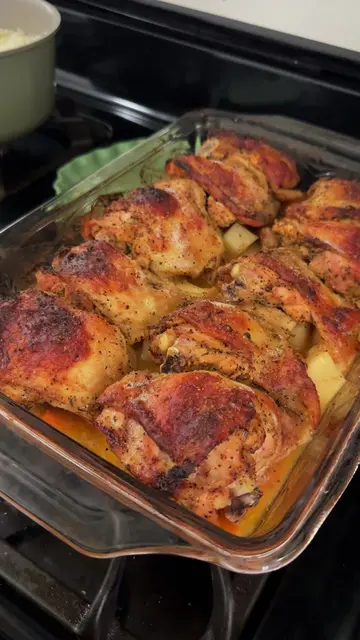 Oven baked chicken thighs with veggies recipe: •Dice up potatoes and carrots  Se