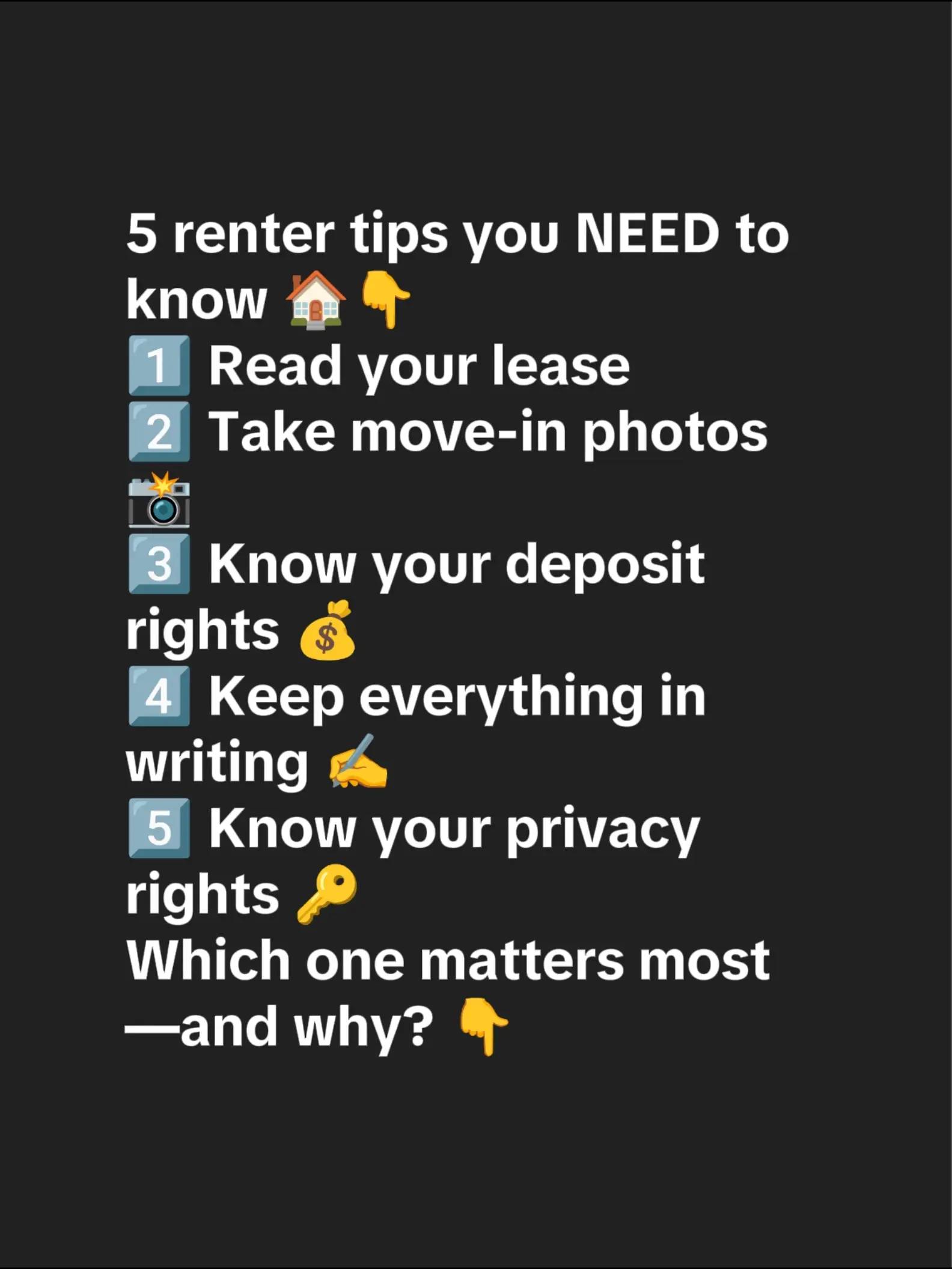 5 renter tips you NEED to know 🏠👇 1️⃣ Read your lease 2️⃣ Take move-in photos 