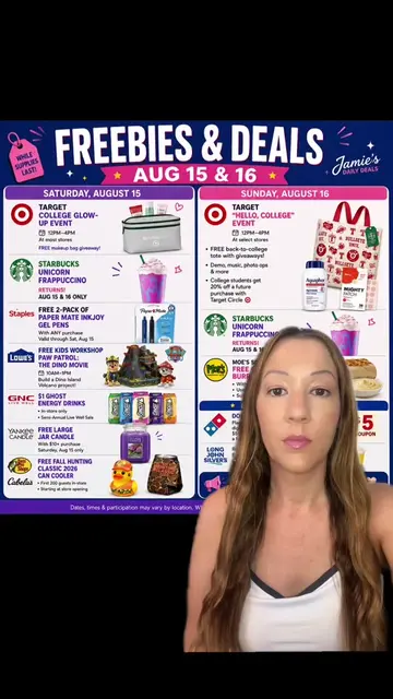 Freebies & deals are STACKED this weekend! 🎉 Save this list for Aug. 15 & 16 so