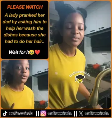 A lady pranked her dad by asking him to help her wash the dishes because she had