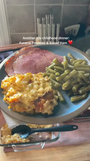 Tonight we made brown sugar glazed ham with cheesy funeral potatoes and green be