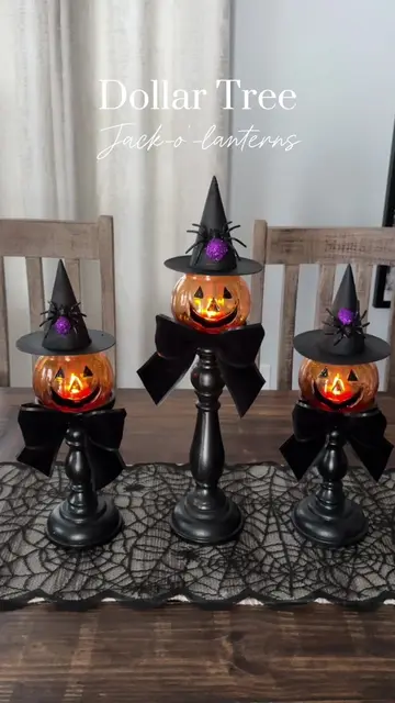 DIY Dollar Tree Jack-o'-lanterns 🎃  I modified the witch hats by spray painting
