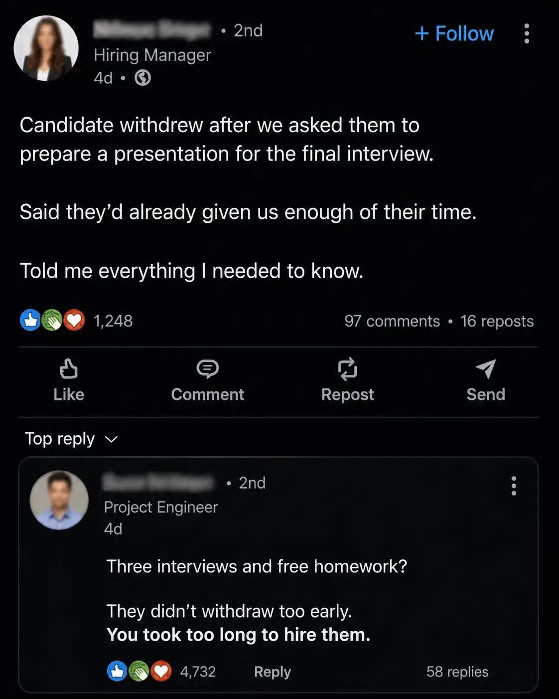 At what point does an interview process become unpaid work? They didn’t lose the