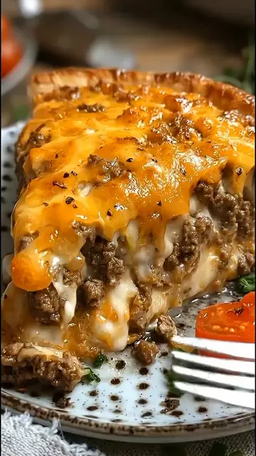 Cheesy Baked Cheeseburger Pie! Flaky pie crust loaded with savory seasoned groun