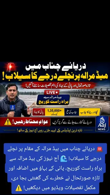 ہیڈ مرالہ پر نچلے درجے کا سیلاب، دریائے چناب میں پانی بڑھ گیا، تازہ صورتحال سامن