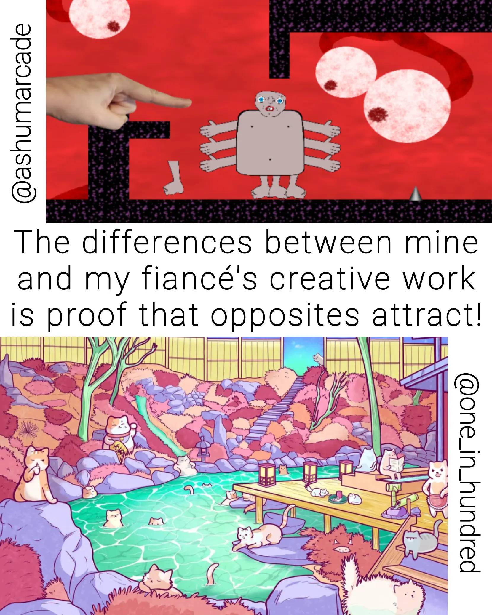 The contrast between my nightmare fuel and my fiancée's cutesy art is funny.