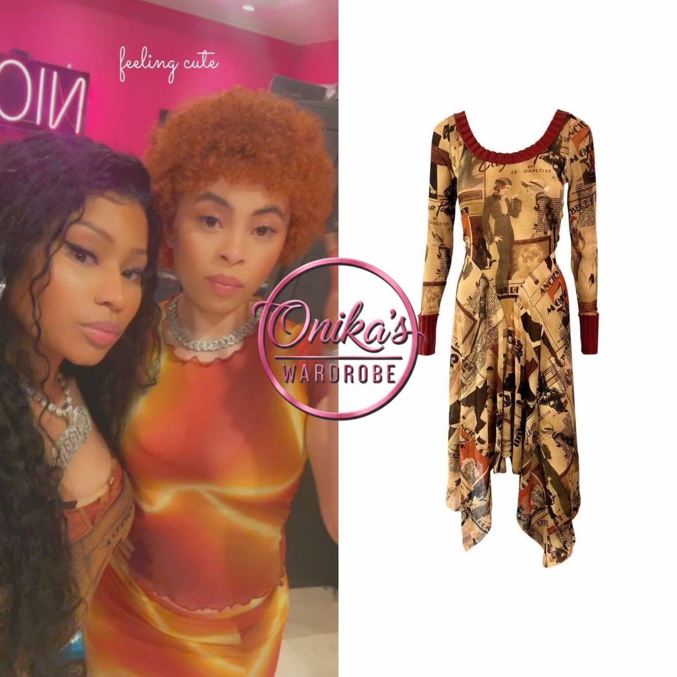 Nicki with Ice Spice wearing a Jean Paul Gaultier s/s 1996 Belle Epoque print dr