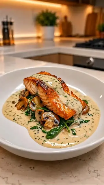 Creamy Garlic Herb Salmon with Mushrooms & Spinach
 Ingredients:
 2 salmon fille