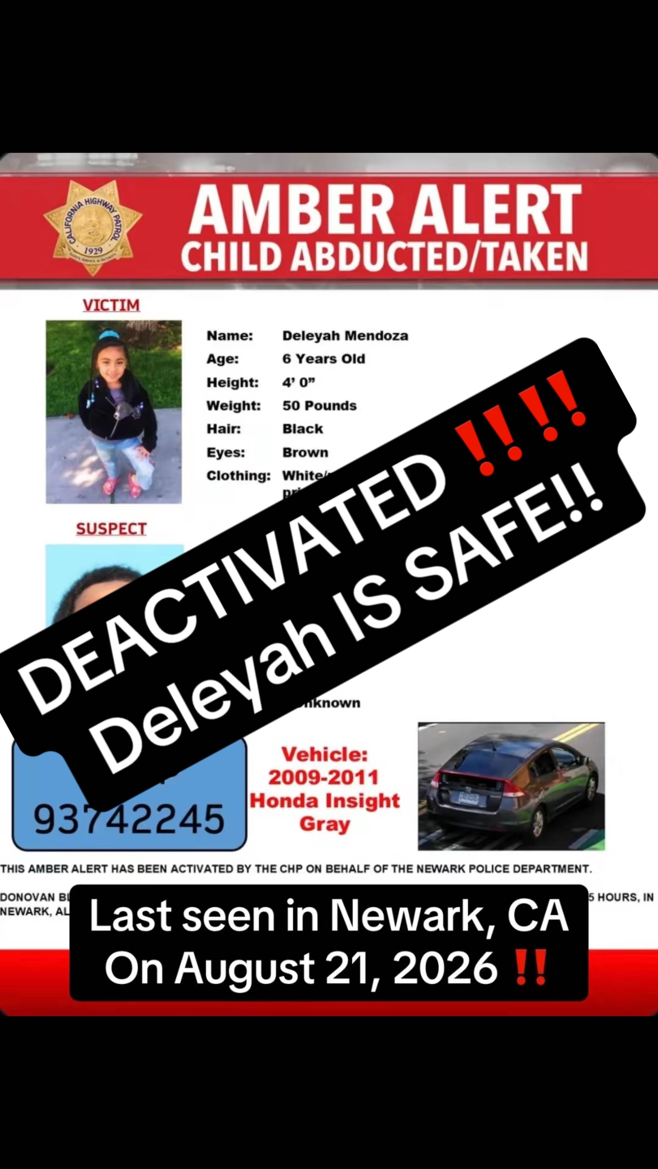 AN AMBER ALERT HAS BEEN ACTIVATED BY THE CALIFORNIA HIGHWAY PATROL. DELEYAH MEND