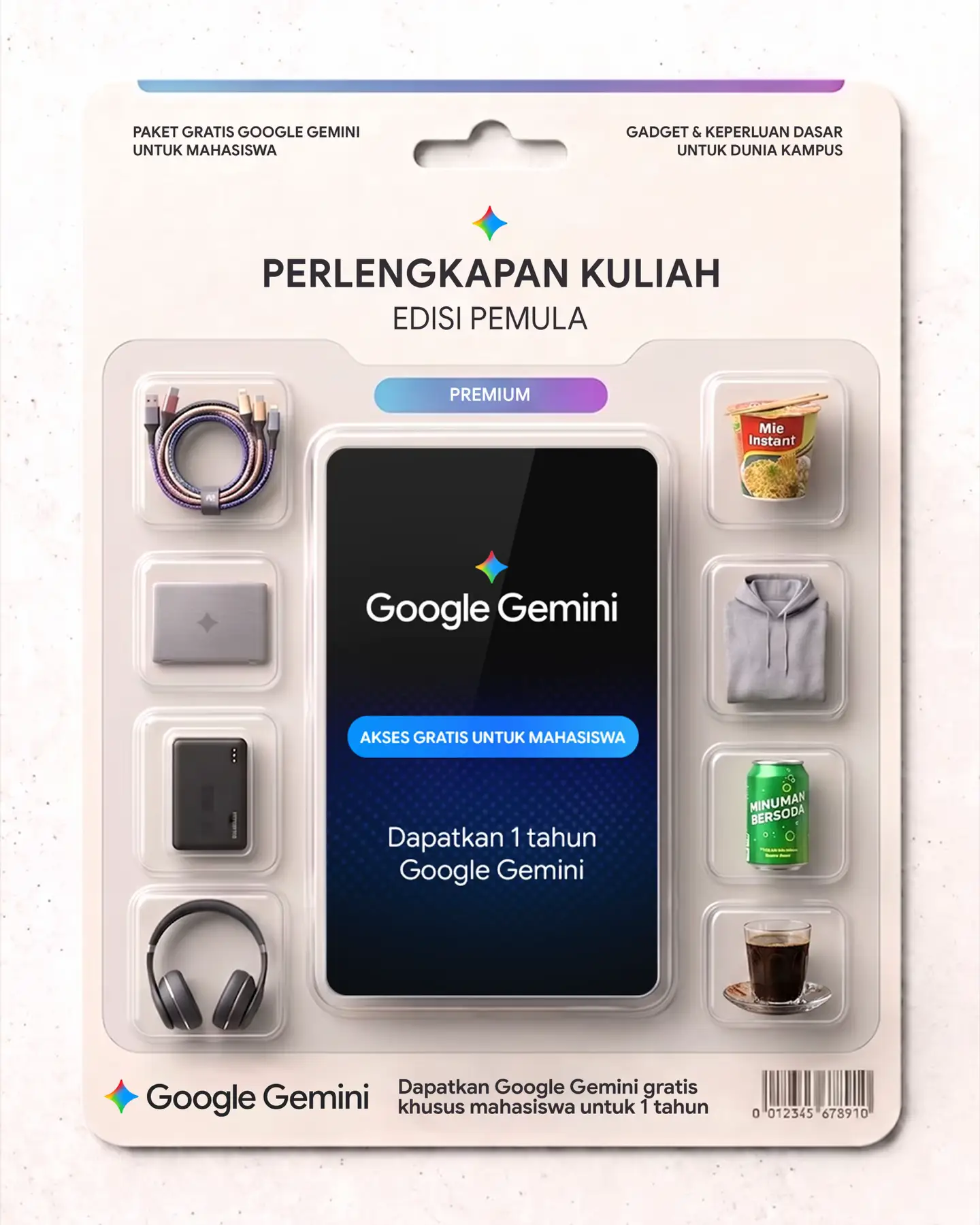 Starter pack survive kuliah: kabel, laptop, kopi, plus Google Gemini GRATIS 1 ta