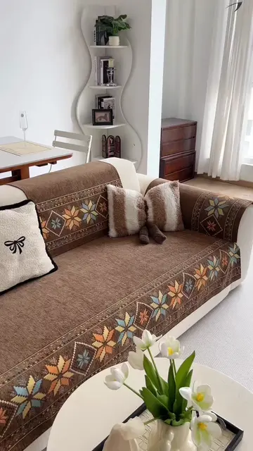 Boho brown sofa cushion with colorful floral border, soft thick fabric, anti-sli