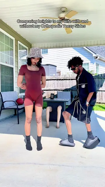 Comparing heights to my wife @Angel with and without my Orthopedic Yeezy Slides 
