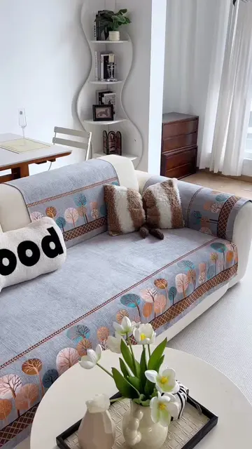 Light grey tree-printed sofa cushion with decorative border, soft thick fabric, 