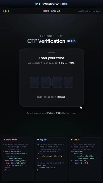 Four boxes. One hand of cards. OTP Verification #frontend #webdesign #uianimatio