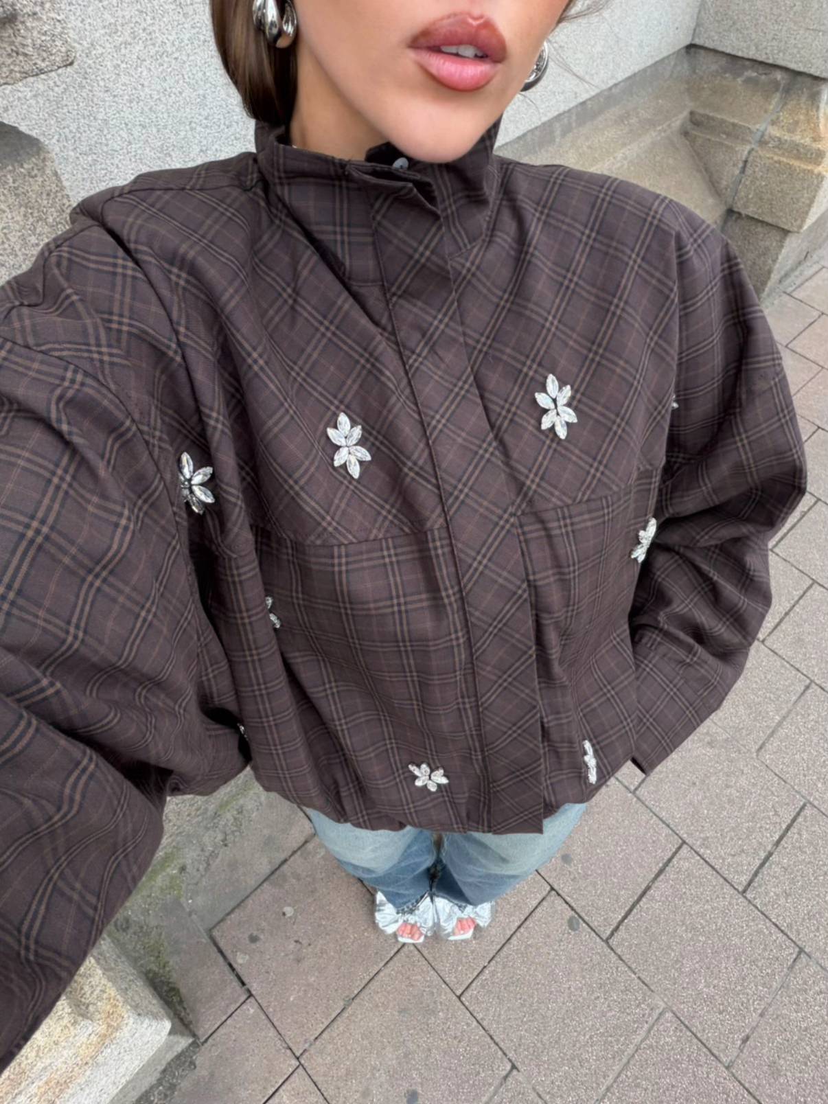 Bomber blouse with a little extra sparkle.🤎
