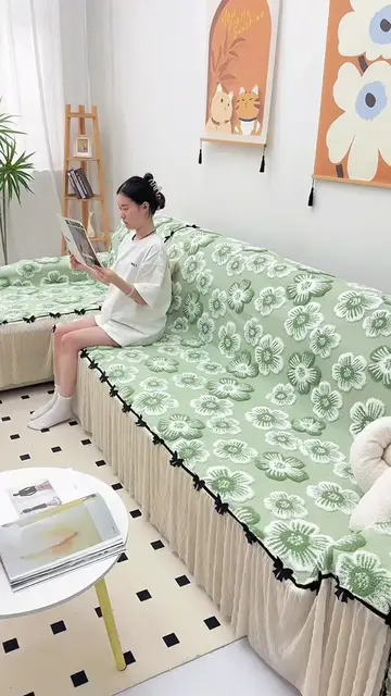Fresh Floral Sofa Slipcover With Skirt, Non-Slip Washable L-Shape Couch Furnitur