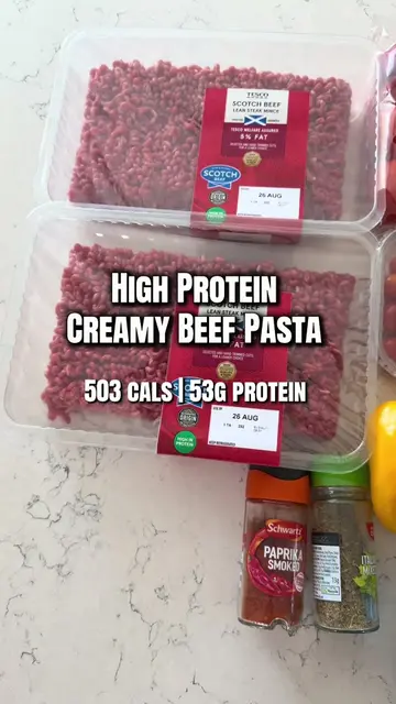 HIGH PROTEIN CREAMY BEEF PASTA  503 cals | 53g protein per serve  Makes 8  The s