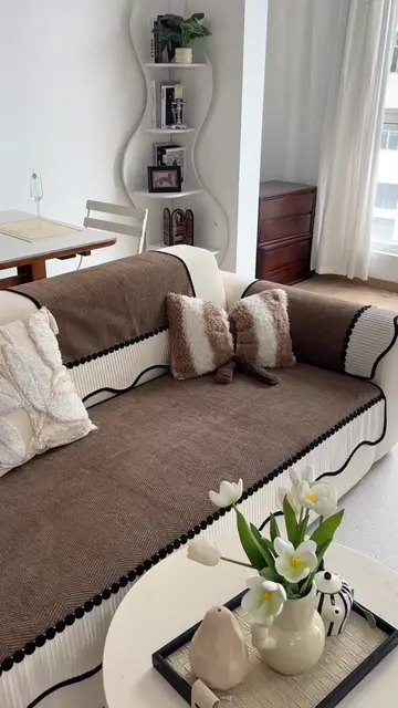 Vintage Brown Herringbone Sofa Pad, Elegant Lace Trim Couch Cover, Non-Slip Desi