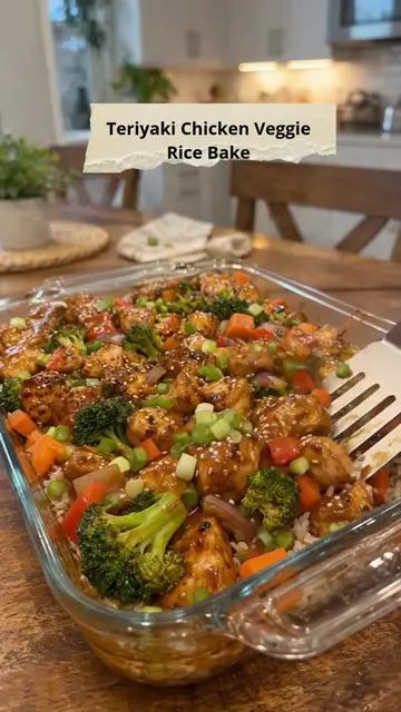 Teriyaki Chicken Veggie Rice Bake Tender chicken, fluffy rice, and colorful vege