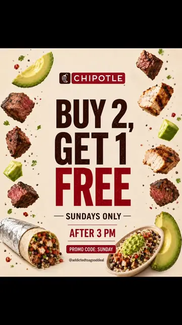 🌯 Buy 2 entrées and get 1 FREE at Chipotle every Sunday after 3 PM! 📱 Order on