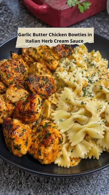 Garlic Butter Chicken Bowties in Italian Herb Cream Sauce Golden garlic butter c