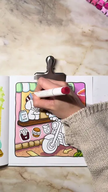 color with me in my @cocowyocoloring cozy days book  page 6🛵🍟 #colorwithme #co